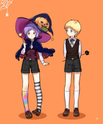 2boys :3 aged_down alternate_costume argyle_clothes argyle_legwear asymmetrical_legwear black_ribbon black_shorts blonde_hair blue_eyes brown_eyes brown_footwear brown_vest capelet casval_rem_deikun char_aznable child collared_shirt full_body garma_zabi gundam halloween_costume hat holding holding_wand jack-o&#039;-lantern kneehighs loafers long_sleeves looking_at_another looking_at_viewer male_focus mismatched_legwear mobile_suit_gundam_the_origin multicolored_legwear multiple_boys mystical_high_collar neck_ribbon orange_background p.kibi purple_capelet purple_hair purple_headwear purple_vest ribbon shirt shoes short_hair shorts signature simple_background socks standing star_wand striped_clothes striped_socks vest wand white_shirt witch witch_hat