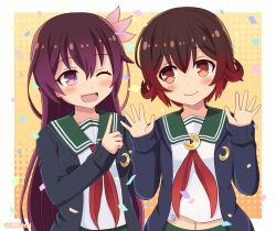 2girls blue_jacket blush brown_hair closed_eyes commentary_request crescent crescent_pin gradient_hair green_sailor_collar green_skirt highres index_finger_raised jacket jewelry kantai_collection kisaragi_(kancolle) kisaragi_kai_ni_(kancolle) long_hair long_sleeves multicolored_hair multiple_girls mutsuki_(kancolle) mutsuki_kai_ni_(kancolle) neckerchief one_eye_closed ootori_(kyoya-ohtori) open_mouth pantyhose pleated_skirt purple_eyes red_hair red_neckerchief ring sailor_collar school_uniform serafuku short_hair skirt smile upper_body wedding_ring white_background yellow_background