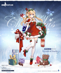1girl antlers bell blonde_hair blue_eyes blush boots bow box breasts capelet character_name christmas christmas_wreath cleavage closed_mouth commentary copyright_name dress earmuffs elbow_gloves english_commentary english_text fake_antlers full_body fur-trimmed_capelet fur-trimmed_dress fur_trim gift gift_box girls&#039;_frontline gloves green_bow hair_bow hat heart-shaped_box hecha_(01964237) high_heel_boots high_heels highres horns long_hair looking_at_viewer merry_christmas mini_hat mini_top_hat neck_bell official_alternate_costume official_art pinecone ppsh-41_(girls&#039;_frontline) ppsh-41_(wreath_of_purity)_(girls&#039;_frontline) promotional_art red_boots red_bow red_capelet red_dress red_hat reindeer_antlers ribbed_thighhighs sacabambaspis santa_costume santa_dress scarf second-party_source small_breasts smile solo standing standing_on_one_leg star_(symbol) stuffed_animal stuffed_toy teddy_bear thighhighs top_hat twintails unworn_scarf weapon_wrap white_gloves white_scarf white_thighhighs wreath zettai_ryouiki