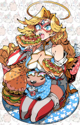 1girl blonde_hair blue_eyes breasts burger capybara cleavage cleavage_cutout clothing_cutout cup drinking earrings eating eye_mask eyewear_on_head fingerless_gloves food french_fries gloves hand_up holding holding_food hot_dog jewelry kafun kamen_america kamen_america_(comic) large_breasts looking_at_viewer open_mouth oversized_food oversized_object raised_eyebrows seiza simple_background sitting star_(symbol) star_earrings star_print superhero_costume teeth upper_teeth_only