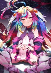 Rule 34 | 1girl, :3, absurdres, ahoge, blue hair, cameltoe, clothing cutout, collarbone, dress, green hair, grey thighhighs, halo, headgear, heart, heart-shaped pupils, heart hands, highres, huge ahoge, long hair, long sleeves, luminaria pro, miro ochite, multicolored hair, navel, navel cutout, ochite miro, orange hair, pink hair, purple hair, rainbow hair, red eyes, shadow, signature, sky, solo, star (sky), starry sky, sui hi sf, symbol-shaped pupils, thighhighs, virtual youtuber, white dress