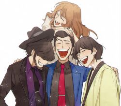 1girl 3boys arsene_lupin_iii beard black_hair black_jacket black_necktie black_shirt blue_jacket brown_hair closed_eyes collared_shirt facial_hair grin hair_over_eyes halorane hand_on_another&#039;s_back hands_on_another&#039;s_head happy highres ishikawa_goemon_xiii jacket japanese_clothes jigen_daisuke laughing long_hair long_sideburns long_sleeves lupin_iii mine_fujiko multiple_boys necktie purple_shirt red_necktie shirt sideburns smile teeth white_background