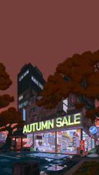 air_conditioner autumn basket beard brown_hair building cash_register character_request city cyl dusk english_text facial_hair gabe_newell glasses grass highres industrial_pipe lantern leaf outdoors pixel_art poster_(medium) puddle roderick_bodkin sale scenery shop shopping_basket sidewalk sign sky steam_(platform) storefront tappet temple vending_machine waneella window