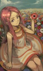 1girl absurdres anemone_(eureka_seven) blue_eyes blue_flower blue_sky cloud day dress eureka_seven eureka_seven_(series) field flower flower_field grass hair_ornament hairclip highres kornod on_grass orange_flower pink_flower purple_flower sky solo sundress white_flower