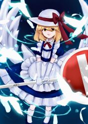 Rule 34 | 1girl, :d, absurdres, apron, back bow, bird, blonde hair, blue background, blue dress, blue footwear, bow, collared dress, dove, dress, elbow gloves, falling feathers, feathers, flat chest, frilled dress, frills, gloves, happy, hat, highres, holding, holding sign, kana anaberal, looking at viewer, medium hair, mensoreimuremu, neck ribbon, open mouth, puffy short sleeves, puffy sleeves, red ribbon, ribbon, road sign, short sleeves, sign, smile, socks, solo, sun hat, touhou, touhou (pc-98), white apron, white bird, white bow, white gloves, white hat, white socks, yellow eyes