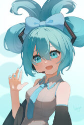 1girl absurdres alternate_hairstyle artist_name bare_shoulders bow collared_shirt earpiece green_eyes green_necktie grey_hair hair_bow hatsune_miku highres liago looking_at_viewer necktie open_mouth shirt solo upper_body vocaloid wide_sleeves