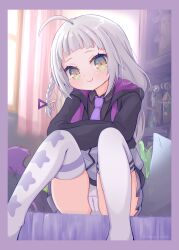 1girl comiket_103 day highres hololive indoors looking_at_viewer murasaki_shion panties sitting smile solo takatsurt underwear virtual_youtuber
