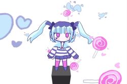 amemiya_darumi animated black_hair blue_hair candy chibi chibi_only dancing food heart lollipop long_hair looking_at_viewer multicolored_eyes music pink_eyes pink_thighhighs shirt song_request striped_clothes striped_shirt tagme the_hundred_line_-last_defense_academy- thighhighs twintails video