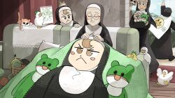 4girls animal animal_on_head baby_animal banana_peel bird blanket brown_eyes brown_hair cat chicken clumsy_nun_(diva) commentary diva_(hyxpk) duck duckling english_commentary freckles frog frog_headband frog_on_head froggy_nun_(diva) glasses grey_hair habit highres knitting little_nuns_(diva) mother_superior_(diva) multiple_girls nun old old_woman on_head ostrich round_eyewear sheep_nun_(diva) slice_of_life traditional_nun yarn yarn_ball