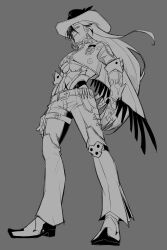Rule 34 | 1boy, absurdres, belt, boothill (honkai: star rail), boots, collared jacket, cowboy hat, cropped jacket, cyborg, full body, grey background, greyscale, hair over one eye, hat, highres, honkai: star rail, honkai (series), jacket, long hair, looking at viewer, male focus, midriff, mole, mole under eye, monochrome, mrsw0911, one eye covered, pants, parted lips, scarf, shell casing, sheriff badge, simple background, solo, standing, teeth, thigh strap, unzipped, very long hair, zipper pull tab