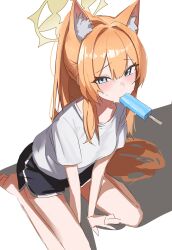 Rule 34 | 1girl, absurdres, animal ear fluff, animal ears, between legs, black shorts, blue archive, blue eyes, cat ears, dolphin shorts, food, food in mouth, halo, hand between legs, highres, long hair, looking at viewer, mari (blue archive), mouth hold, orange hair, ponytail, popsicle, popsicle in mouth, setakman, shadow, shirt, short sleeves, shorts, simple background, solo, thighs, unfinished, very long hair, white background, white shirt