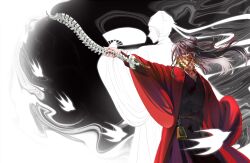 2boys absurdres back-to-back bags_under_eyes bell bird black_hair black_hanfu blood bone chinese_clothes chinese_commentary coat coin coin_mask coin_on_string colored_skin dao_gui_yi_xian fighting_stance floating_hair folding_fan ghost guo_ling hair_bun hair_ribbon half_updo hand_fan hanfu hat hat_ribbon height_difference highres holding holding_bone holding_fan holding_sword holding_weapon holed_coin li_huowang long_hair long_sleeves male_focus mask mouth_veil multiple_boys outstretched_arm red_coat red_eyes red_ribbon ribbon robe single_hair_bun smoke spine spine_sword standing swirl sword updo veil weapon white_hanfu white_hat white_skin wide_sleeves wind zhuge_yuan
