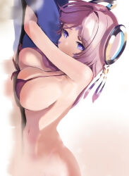 1girl absurdres bikini blue_eyes blush breasts citlali_(genshin_impact) facial_mark feathers floating_headgear forehead_mark genshin_impact headgear highres large_breasts long_hair looking_at_viewer navel pink_hair pink_pupils prev/next purple_bikini purple_eyes purple_feathers ring_hair_ornament simple_background solo stomach swimsuit triangle triangle_facial_mark white_background