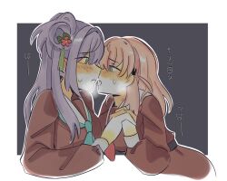 2girls aqua_neckerchief baboomasu black_background blue_eyes blush border brown_dress cerise_bouquet commentary_request dress face-to-face flower green_eyes hair_bun hair_flower hair_ornament hasu_no_sora_school_uniform heavy_breathing highres hinoshita_kaho holding_hands imminent_kiss interlocked_fingers leaning_forward link!_like!_love_live! long_hair long_sleeves looking_at_viewer love_live! medium_hair multiple_girls neckerchief nose_blush orange_hair otomune_kozue outside_border profile rabbit_hair_ornament red_flower red_neckerchief sailor_collar sailor_dress school_uniform side_ponytail sidelocks simple_background single_side_bun sweatdrop tassel tassel_hair_ornament translation_request two_side_up virtual_youtuber white_border white_sailor_collar winter_uniform yuri