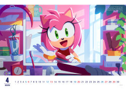 1girl absurdres amy_rose animal_nose bare_arms cable clock comb dress flat_chest furry furry_female gloves green_eyes hair_brush hedgehog_girl highres holding indoors logo looking_at_viewer mirror non-web_source official_art pink_fur red_dress reflection sleeveless sleeveless_dress sonic_(series) sonic_channel switch tissue_box toothbrush triangle_mouth uno_yuuji watermark web_address white_gloves
