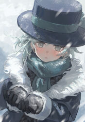1girl :o absurdres black_coat black_gloves black_hat blue_scarf coat fur-trimmed_coat fur_trim gloves grey_eyes hair_bun hands_up hat highres looking_at_viewer official_alternate_costume reverse:1999 scarf short_hair single_side_bun snowing solo upper_body vertin_(reverse:1999) white_background yukiri_(l_ii)