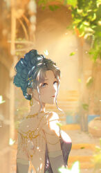 1girl arch backless_dress backless_outfit bare_back bare_shoulders blue_eyes blue_hair braid braided_bun bug butterfly character_request closed_mouth commentary dress earrings elbow_gloves english_commentary expressionless eyelashes fur-trimmed_gloves fur_trim gloves gold_earrings gold_necklace grey_hair hair_bun hair_ornament hairclip indoors insect jewelry light_particles light_rays lipstick looking_at_viewer looking_back makeup multicolored_hair necklace nikki_(series) parted_bangs purple_dress purple_gloves red_lips shining_nikki single_hair_bun solo stairs sunlight suqiu tree two-tone_hair updo upper_body watermark watermark_grid x_hair_ornament