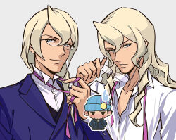 2boys ace_attorney apollo_justice:_ace_attorney blonde_hair chibi chibi_inset collared_shirt dress_shirt drill_hair dual_persona hair_between_eyes hair_down hair_over_shoulder highres implied_yaoi kristoph_gavin long_hair looking_at_viewer male_focus multiple_boys neck_ribbon outline partially_undressed phoenix_wright pink_ribbon removing_eyewear ribbon ringlets ringo_orihara shirt side_drill simple_background smirk sweatdrop undone_neck_ribbon vest waistcoat white_background white_outline