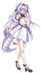 Rule 34 | 1girl, :d, absurdres, ahoge, airi (vrchat), ankle strap, artist name, bare shoulders, belt, black belt, black hairband, black shoes, blush, breasts, cleavage, cleavage cutout, clothing cutout, detached sleeves, dragon girl, dragon horns, dragon tail, dragon wings, dress, fangs, full body, grey hair, hair between eyes, hair intakes, hairband, hand on own chest, high heels, highres, horns, jewelry, kamizin, large breasts, long hair, looking at viewer, necklace, open mouth, pleated dress, purple eyes, purple hair, shoes, short dress, simple background, sleeveless, sleeveless dress, smile, solo, standing, tail, thigh strap, transparent background, very long hair, vrchat, white background, white dress, wings
