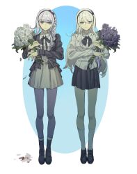 2girls absurdres black_hairband black_jacket black_ribbon black_skirt blood blood_on_flower blood_on_hands blue_background bouquet braid collared_shirt flower full_body grey_eyes grey_flower grey_hair grey_rose grey_skirt hairband highres holding holding_bouquet jacket kashimiya_karua kirifuji_nozomi koko_aovoa long_hair looking_at_viewer multiple_girls neck_ribbon pantyhose ribbon rose shirt simple_background skirt smile symmetrical_pose the_hundred_line_-last_defense_academy- two-tone_background white_background white_flower white_jacket white_rose white_shirt