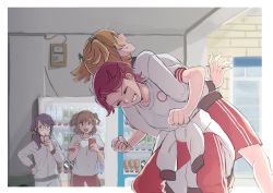 4girls aijou_karen assisted_stretching back-to-back bell black-framed_eyewear blonde_hair blush border brown_eyes brown_hair cellphone chikiso clenched_hands closed_eyes closed_mouth clothes_around_waist collarbone commentary_request crown_hair_ornament daiba_nana day drinking drinking_straw drinking_straw_in_mouth glasses green_eyes green_ribbon grin gym_shirt gym_shorts gym_uniform hair_bell hair_ornament hair_over_shoulder hair_ribbon hand_on_own_hip hand_up hands_up holding holding_phone hoshimi_junna indoors isurugi_futaba jacket jacket_around_waist juice_box leaning_forward lifting_person locked_arms long_hair long_sleeves looking_at_another looking_away multiple_girls open_mouth outside_border pants parted_bangs phone pink_hair profile purple_hair red_pants red_shorts ribbon shirt short_hair short_sleeves shorts shoujo_kageki_revue_starlight side_ponytail slice_of_life smartphone smile standing stretching track_jacket track_pants track_suit two_side_up v-shaped_eyebrows vending_machine white_border white_jacket white_pants white_shirt