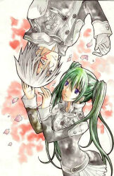 Rule 34 | 1boy, 1girl, allen walker, belt, black coat, black jacket, black order uniform, black skirt, buttons, coat, collared jacket, cross, d.gray-man, ebiusa, emblem, facial mark, falling petals, gloves, green hair, grey eyes, hair between eyes, hair over shoulder, hood, hood down, hooded coat, jacket, lenalee lee, light smile, long hair, looking at another, looking up, miniskirt, parted lips, petals, pink background, pink petals, purple eyes, scar, scar across eye, scar on face, shirt, short hair, sidelocks, skirt, striped clothes, striped coat, striped jacket, striped skirt, twintails, two-tone background, upside-down, vertical-striped clothes, vertical-striped coat, vertical-striped jacket, vertical-striped skirt, white background, white gloves, white hair, white shirt, white stripes