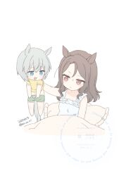 2girls :d animal_ears bare_arms bare_shoulders blue_eyes brown_eyes brown_hair chibi closed_mouth collarbone commentary_request dated dolphin_shorts dress frilled_pillow frills green_shorts grey_hair hair_between_eyes horse_ears horse_girl horse_tail king_halo_(umamusume) koruri midriff multiple_girls navel open_mouth pillow seiun_sky_(umamusume) shirt short_shorts shorts simple_background sleeveless sleeveless_dress small_sweatdrop smile sweat tail twitter_username umamusume under_covers v-shaped_eyebrows watermark white_background white_dress yellow_shirt