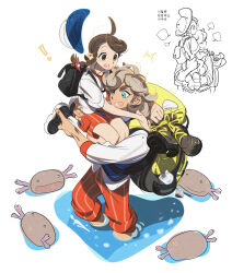 ! 1boy 1girl arven_(pokemon) backpack bag black_hair blue_eyes blue_hat brown_eyes brown_hair carrying collared_shirt grey_hair hair_ornament hat highres holding holding_shoes juliana_(pokemon) korean_text multicolored_hair multiple_views naranja_academy_school_uniform nintendo ows28888888 paldean_wooper pants pokemon pokemon_(creature) pokemon_sv school_uniform shirt shoes shorts simple_background socks sweat translation_request unworn_hat unworn_headwear wading water white_background white_hat white_shirt white_socks