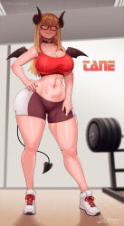 abs absurdres artist_name bat_wings blonde_hair breasts character_name choker commentary demon_girl dengrapes earrings english_commentary glasses glowing glowing_eyes gym gym_equipment heart heart_o-ring heart_ring_choker heart_tail highres horns indie_virtual_youtuber jewelry large_breasts mature_female muscular muscular_female nail_polish navel o-ring o-ring_choker red_nails red_sports_bra shoes signature sneakers sports_bra sportswear tail tall_female tane_tenshi thick_thighs thighs virtual_youtuber weights wings