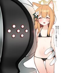 1girl 1other animal_ear_fluff animal_ears bikini black_bikini blue_archive blush breasts cat_ears cat_girl closed_eyes collarbone commentary_request flower gen_3_pokemon hair_flower hair_ornament halo highres legendary_pokemon loli long_hair mari_(blue_archive) micro_bikini nintendo open_mouth orange_hair pokemon registeel small_breasts swimsuit teruisi translation_request what white_background yellow_halo