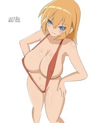 Rule 34 | 1girl, :3, absurdres, blue eyes, blush, breasts, cameltoe, charlotte e. yeager, closed mouth, dated, highres, large breasts, long hair, looking at viewer, navel, orange hair, red slingshot swimsuit, simple background, slingshot swimsuit, smile, solo, strike witches, swimsuit, unkai daraku, white background, world witches series