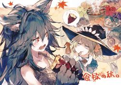 2girls animal_ears animal_hands apple autumn_leaves blue_hair claws eating fangs fenrir_(shingeki_no_bahamut) fish food fruit granblue_fantasy grapes green_apple harvin hat leaf long_hair mimlememel multiple_girls mushroom official_art pear ponytail pumpkin red_eyes saury smoke squid sweatdrop sweet_potato tank_top tomato witch_hat