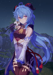 1girl absurdres ahoge aunmail77 bare_shoulders bell black_gloves black_legwear blue_hair blush breasts covered_navel covering_crotch covering_privates detached_sleeves flower ganyu_(genshin_impact) genshin_impact gloves gold_trim highres holding holding_flower horns jewelry long_hair looking_at_viewer low_ponytail medium_breasts mountain neck_bell night ponytail purple_eyes qingxin_flower shiori sidelocks solo standing tassel thighlet white_flower