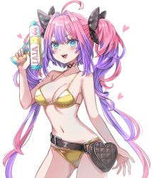 +_+ 1girl absurdres ahoge bare_shoulders belt bikini black_belt black_ribbon blue_eyes blush breasts chanmarorux cleavage collarbone fingernails hair_intakes hair_ribbon heart highres holding holding_water_gun hololive hololive_dev_is kikirara_vivi large_breasts long_hair multicolored_hair nail_polish navel open_mouth pink_hair pink_nails ribbon simple_background smile solo sparkle_print stomach swimsuit teeth thighs twintails two-tone_hair upper_teeth_only very_long_hair virtual_youtuber water_gun white_background yellow_bikini