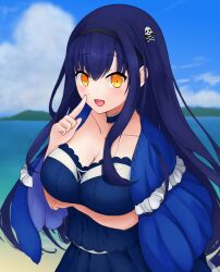 1girl 2023 :d arm_under_breasts black_camisole black_choker black_hair black_hairband black_skirt blue_capelet blue_sky blush bone_hair_ornament breasts camisole capelet choker cleavage cloud collarbone commentary_request cowboy_shot dated_commentary day eyes_visible_through_hair frilled_capelet frilled_choker frills hair_between_eyes hair_ornament hairband hand_up happy highres index_finger_raised kushima_kamome large_breasts long_hair looking_at_viewer ocean open_mouth outdoors shigure_suzuna skirt skull_and_crossbones skull_hair_ornament sky smile solo straight_hair summer_pockets very_long_hair yellow_eyes