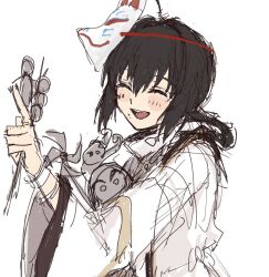 1other ahoge black_hair blush braid closed_eyes fate/samurai_remnant fate_(series) fox_mask hair_intakes happy highres index_finger_raised japanese_clothes mask mi_m099 open_mouth other_focus simple_background single_braid sketch smile upper_body white_background wide_sleeves yamato_takeru_(fate)