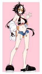 1girl absurdres bare_shoulders bead_bracelet beads belt bikini black_bikini black_choker black_eyes black_hair black_panties blush border bracelet breast_tattoo breasts choker cleavage commentary crocs cross denim denim_shorts english_commentary fingernails full_body glasses grin hair_ornament hairband highleg highleg_panties highres hood hoodie jewelry large_breasts large_shoes long_fingernails long_hair looking_at_viewer messy_hair midriff nail_polish navel open_belt open_fly orange_nails original panties pink_background ponytail puma_(brand) round_eyewear shoes short_shorts shorts sideboob simple_background smile solo standing sweat sweatdrop swimsuit symbol-shaped_pupils tattoo underwear unexistarts uni_(unexistarts) waving white_border white_hoodie x-shaped_pupils x_hair_ornament