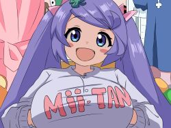1girl aokushan blue_eyes blush_stickers bow breasts buttons character_name clover_hair_ornament curtains fang hair_bow hair_ornament huge_breasts indoors long_hair looking_at_viewer mii_(popotan) official_style open_mouth oppai_loli pajamas pink_bow popotan purple_hair smile twintails white_pajamas