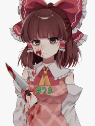 Rule 34 | 1girl, apron, ascot, bags under eyes, black eyes, blood, blood on face, bloody knife, blunt bangs, bow, breasts, brown hair, character name, closed mouth, clothes writing, commentary request, cookie (touhou), detached sleeves, expressionless, frilled bow, frilled hair tubes, frilled shirt collar, frills, hair bow, hair tubes, hakurei reimu, highres, holding, holding knife, knife, looking at viewer, medium breasts, medium hair, niu 42, pink apron, red bow, red shirt, rurima (cookie), shirt, sidelocks, simple background, sleeveless, sleeveless shirt, solo, touhou, upper body, white background, white sleeves, yandere, yellow ascot