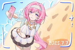 Rule 34 | 1girl, beach, bikini, bikini skirt, blue eyes, blue jacket, breasts, chinese commentary, cleavage, commentary request, dated, elf, elysia (honkai impact), elysia (miss pink elf) (honkai impact), elysia (summer miss elf) (honkai impact), hairband, highres, holding, holding phone, honkai (series), honkai impact 3rd, jacket, jewelry, long hair, medium breasts, midriff, navel, necklace, ocean, official alternate costume, outdoors, parted lips, phone, pink hair, pointy ears, sand, selfie, shell, shell necklace, shouhai zhe 1 hao, signet of ego, smile, solo, swimsuit, thighs, very long hair, white bikini, white hairband