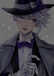 Rule 34 | 1boy, azul ashengrotto, black hat, black jacket, bow, bowtie, ckshax, closed mouth, coat, glasses, gloves, grey coat, grey eyes, grey hair, hat, highres, jacket, looking to the side, male focus, mole, mole under mouth, purple bow, purple bowtie, shirt, short hair, solo, twisted wonderland, white gloves, white shirt