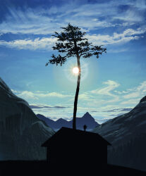 blue_sky building cloud cloudy_sky day highres hill house landscape lens_flare mountain mountainous_horizon original outdoors scenery silhouette sky solo sun sunrise tree yamakou_(yamakou_e2)
