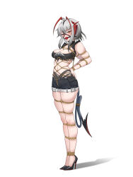1girl absurdres antenna_hair arknights arms_behind_back ball_gag bdsm bound bound_arms bound_legs bound_tail breasts demon_girl demon_horns demon_tail full_body gag gag_harness grey_hair high_heels highres horns looking_at_viewer medium_breasts red_eyes second-party_source shibari shibari_over_clothes shinebell shorts solo standing tail w_(arknights) white_background wiffle_gag wis&#039;adel_(arknights)