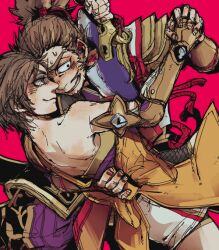 Rule 34 | arm around shoulder, arm around waist, armor, back, blade, blade to throat, brown eyes, brown hair, dagger, facial hair, goatee, grimace, holding hands, husband and wife, interlocked fingers, japanese clothes, kanzyuku, kimono, knife, lipstick mark, miniskirt, nene, nene (sengoku musou), nervous, nervous sweating, obi, sash, sengoku musou, skirt, smile, sweat, topknot, weapon
