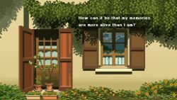 Rule 34 | bush, day, english text, flower, highres, onlypixeeels, open door, open window shutter, original, outdoors, pixel art, plant, potted plant, scenery, shadow, sunflower, sunlight, window