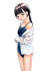 1girl absurdres bare_shoulders black_hair blue_one-piece_swimsuit blush breasts brown_eyes emutsuichi highres long_hair looking_at_viewer one-piece_swimsuit open_clothes open_mouth open_shirt original ponytail school_swimsuit shirt simple_background small_breasts smile solo swimsuit thighs white_background white_shirt