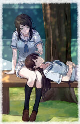 Rule 34 | 2girls, absurdres, arm support, bang dream!, bang dream! it&#039;s mygo!!!!!, bench, black hair, black socks, blue neckerchief, blue shirt, breasts, brown hair, brown shoes, closed eyes, commentary, grass, green eyes, hanasakigawa school uniform, highres, joker (jjjokerrr233), kneehighs, lap pillow, loafers, long hair, looking at another, medium hair, mole, mole under eye, multiple girls, neckerchief, outdoors, parted lips, pleated skirt, reaching, reaching towards another, school uniform, serafuku, shiina taki, shirt, shoes, short sleeves, skirt, sleeping, socks, tree, white skirt, yahata umiri, yuri