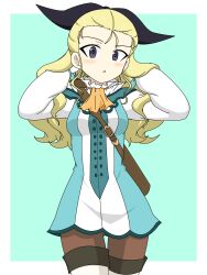 Rule 34 | 1girl, assam (girls und panzer), blonde hair, blue eyes, blush, breasts, brown pants, girls und panzer, gluteal fold, green background, hair ribbon, highres, ichinose jun, long hair, looking at viewer, neckerchief, open mouth, orange neckerchief, pants, pantyhose, ribbon, small breasts, solo