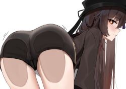 1girl against_fourth_wall against_glass ass ass_focus ass_on_glass ass_press black_shorts blush brown_hair chinese_clothes come_hither from_behind genshin_impact hat hu_tao_(genshin_impact) huge_ass jiggle leaning leaning_forward long_hair looking_at_viewer looking_back motion_lines naughty_face red_eyes short_shorts shorts skai_kun smile solo twintails very_long_hair