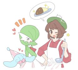 Rule 34 | 1girl, apron, blush, bob cut, brown eyes, brown hair, closed eyes, dress, excited, food, gardevoir, gen 3 pokemon, gen 8 pokemon, gloria (pokemon), green hat, han0579, hat, hatenna, highres, holding, holding ladle, ladle, long sleeves, looking at viewer, nintendo, open mouth, pink dress, pokemon, pokemon (creature), pokemon swsh, shirt, short hair, smile, tam o&#039; shanter, white apron